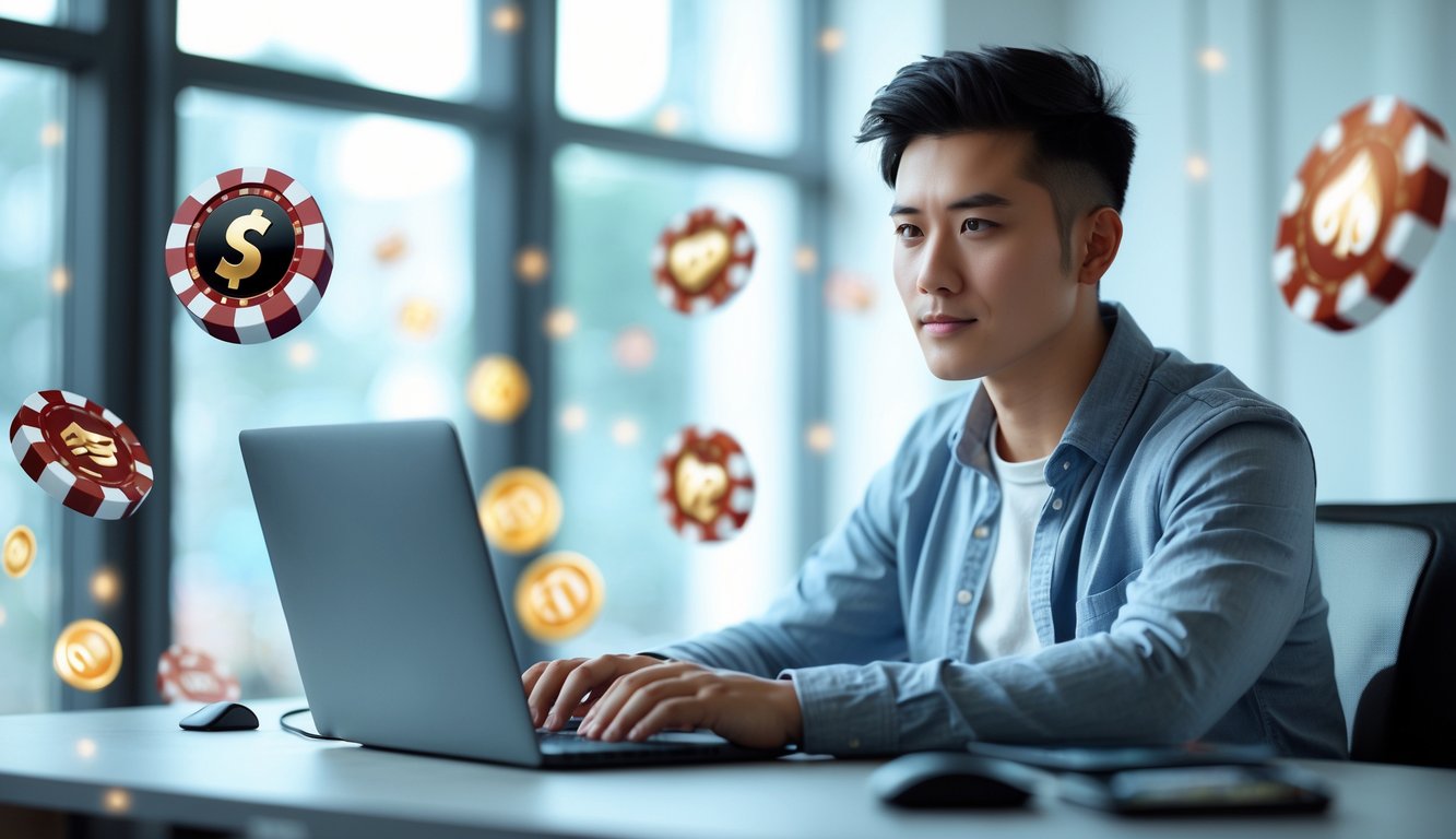 Seorang dewasa muda duduk di meja dengan laptop, dikelilingi oleh ikon mesin slot digital, fokus memilih situs slot online terpercaya.