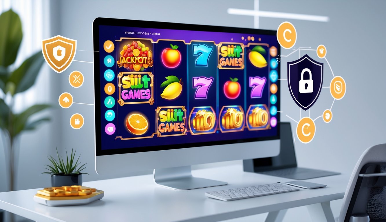Meja komputer modern dengan layar menampilkan permainan slot online berwarna-warni, dikelilingi ikon keamanan dan suasana yang bersih dan terang.