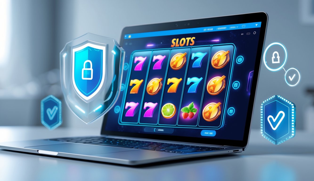 Layar perangkat digital menampilkan permainan slot online dengan simbol warna-warni dan ikon keamanan di sekitarnya.