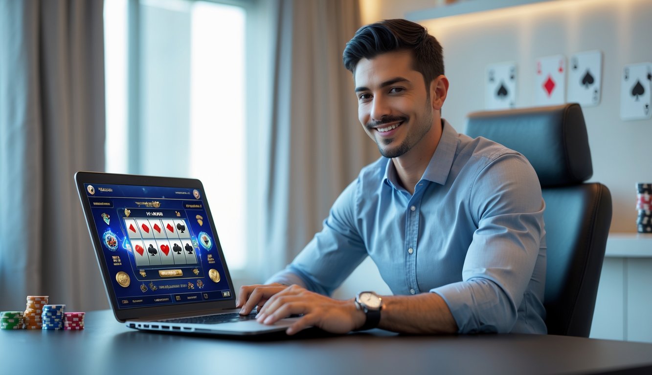 Seorang pria duduk di depan laptop yang menampilkan permainan slot online, terlihat fokus dan percaya diri di sebuah ruangan yang rapi.