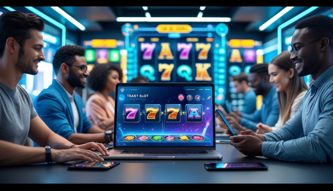 Orang-orang menggunakan perangkat digital dengan tampilan permainan slot online berwarna-warni di lingkungan yang modern dan terang.