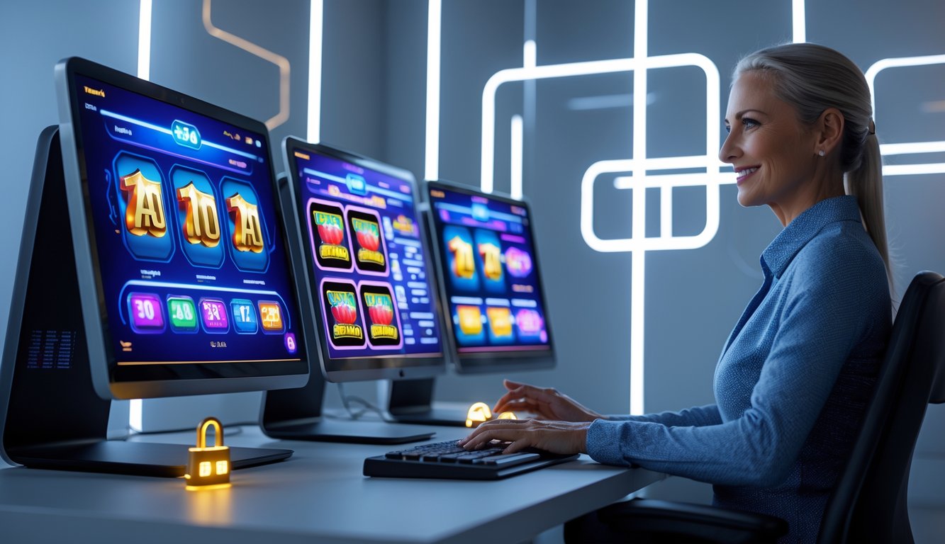 Seorang pemain dewasa menggunakan komputer dengan layar menampilkan permainan slot online yang berwarna-warni di ruangan yang modern dan terang.