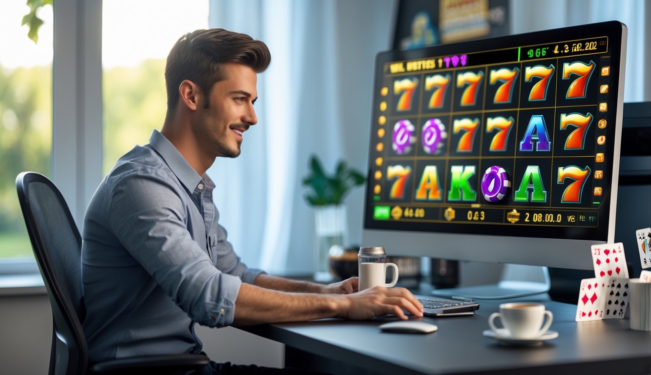 Seorang pria muda duduk di meja dengan komputer yang menampilkan grafik mesin slot dan strategi kemenangan.