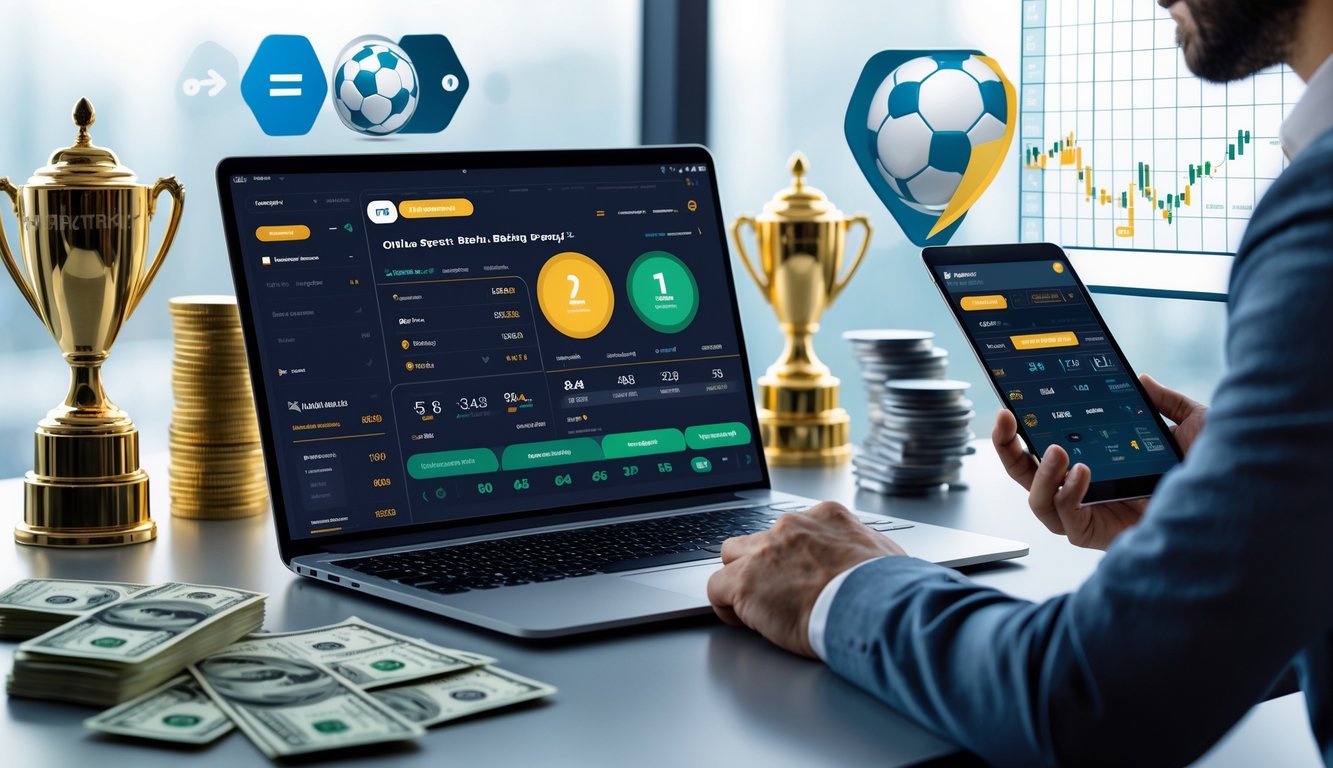 Seorang profesional sedang menggunakan laptop dengan tampilan taruhan olahraga online, di meja terdapat piala dan tumpukan uang, menunjukkan peluang menang tinggi dan kepercayaan dalam taruhan online.