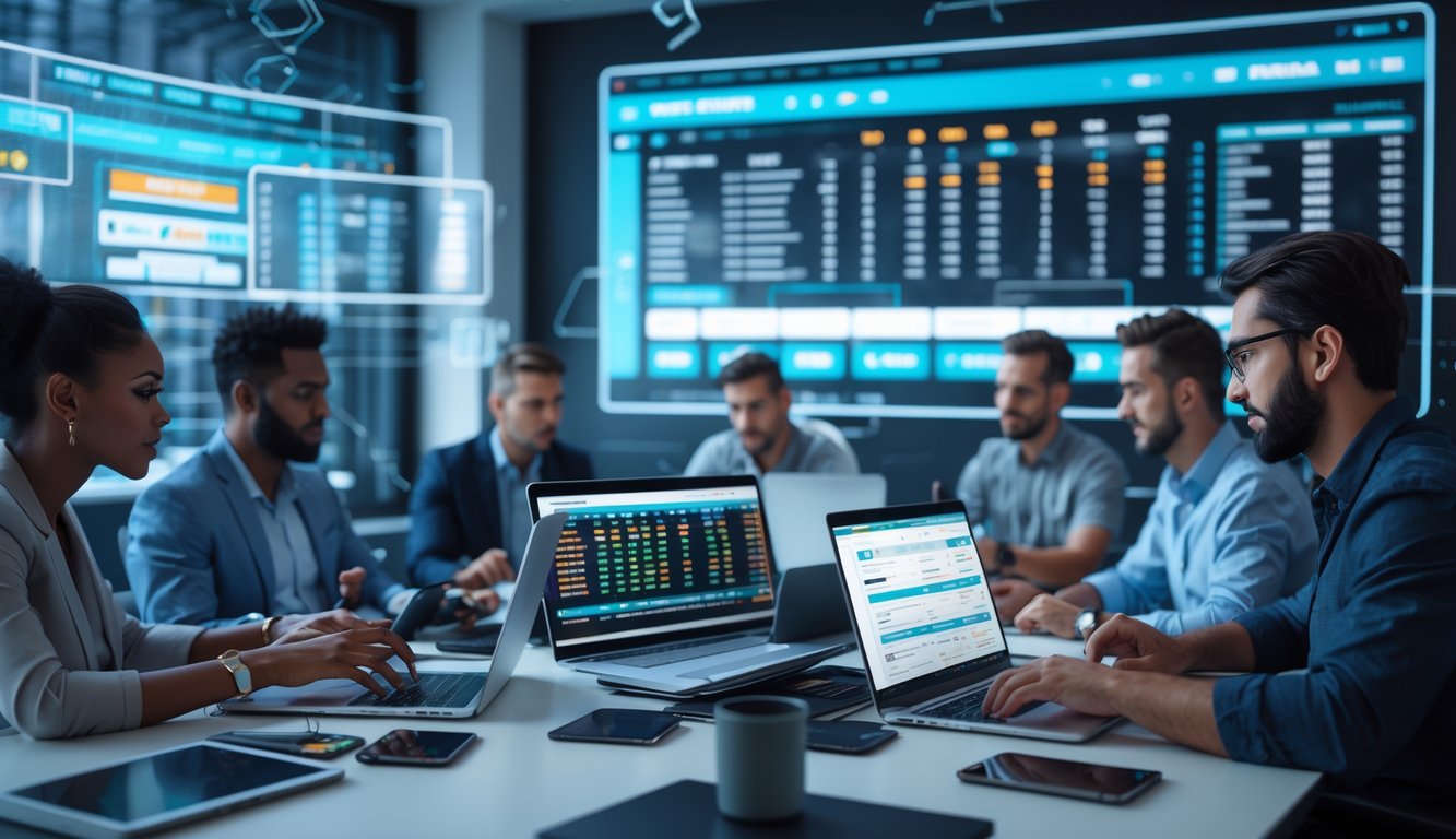 Sekelompok orang menggunakan laptop dan ponsel di kantor modern dengan layar besar menampilkan pertandingan olahraga dan data taruhan.