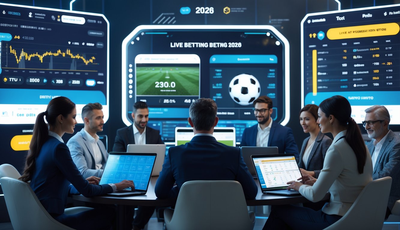 Orang-orang yang sedang menggunakan perangkat digital untuk taruhan olahraga secara online di sebuah ruangan modern dengan layar besar yang menampilkan pertandingan olahraga secara langsung.