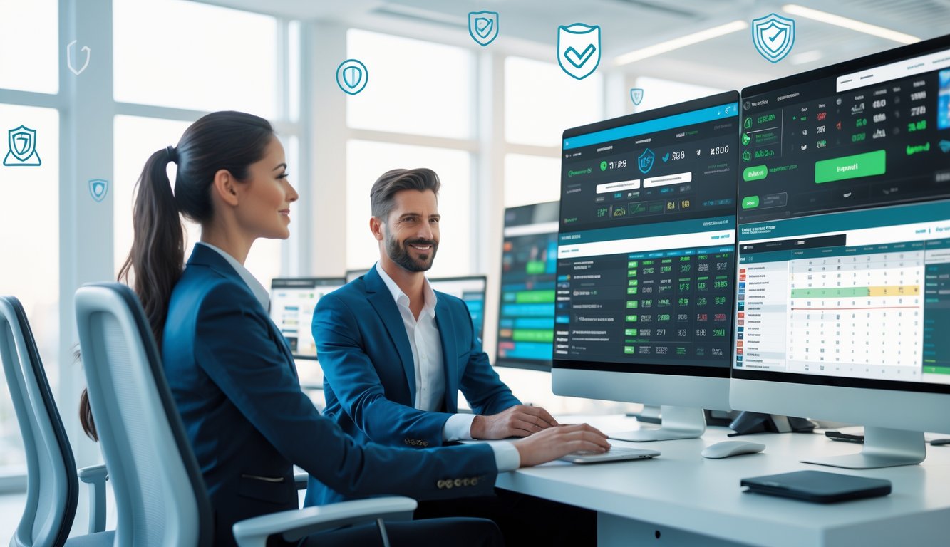 Seorang pria dan wanita duduk di depan beberapa layar komputer yang menampilkan pertandingan sepak bola dan grafik taruhan dalam ruang kantor modern yang terang dan aman.