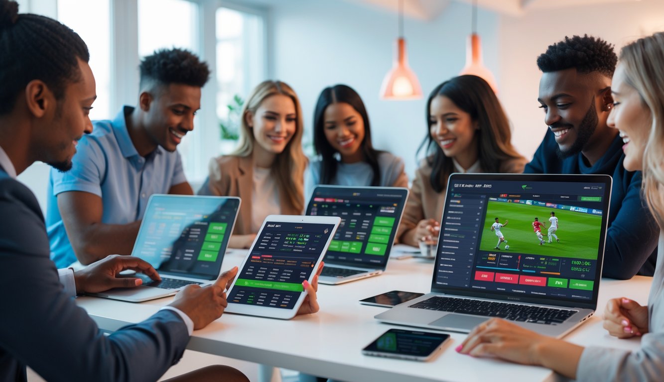 Sekelompok orang muda menggunakan perangkat digital untuk memasang taruhan olahraga secara online di lingkungan kerja modern.