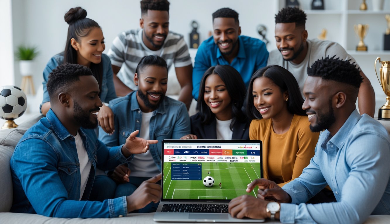 Sekelompok orang sedang menggunakan laptop dan ponsel untuk bertaruh bola secara online di ruang tamu modern.