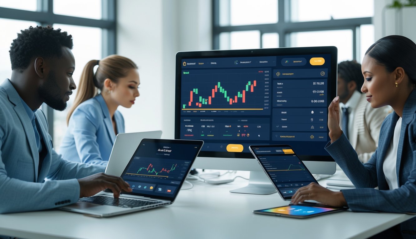 Orang-orang menggunakan perangkat digital untuk taruhan bola online dengan suasana yang modern dan aman.