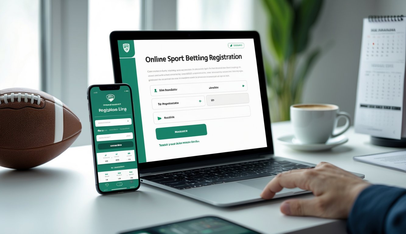 Sebuah meja kerja dengan laptop yang menampilkan formulir pendaftaran, smartphone dengan skor pertandingan sepak bola, dan bola sepak kecil di atas meja.