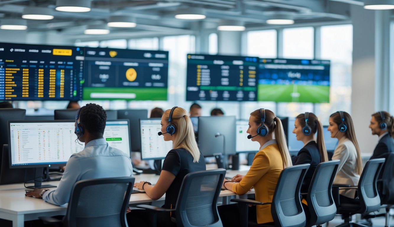 Tim layanan pelanggan yang sibuk di pusat dukungan dengan monitor menampilkan data taruhan olahraga dan pertandingan langsung.