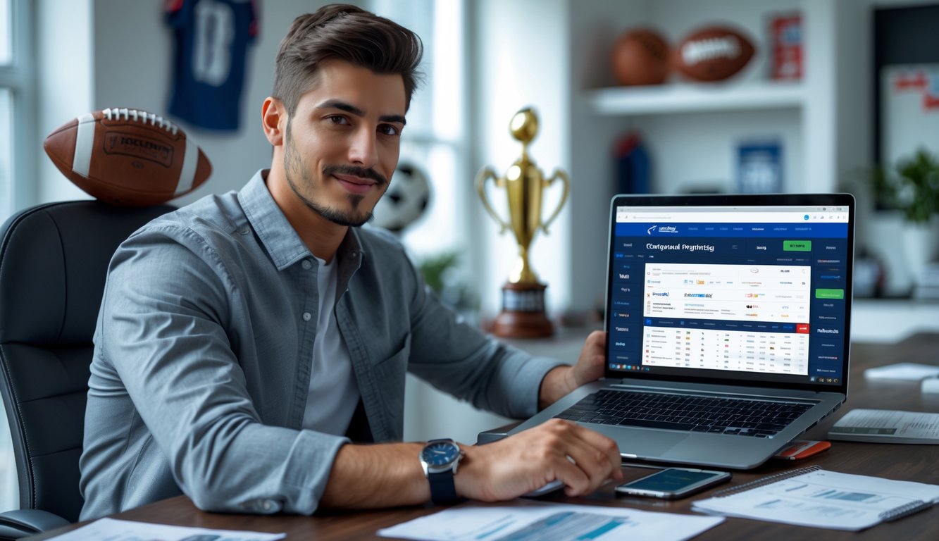 Seorang pria muda duduk di meja dengan laptop, fokus melihat situs taruhan olahraga online di ruang kerja modern.