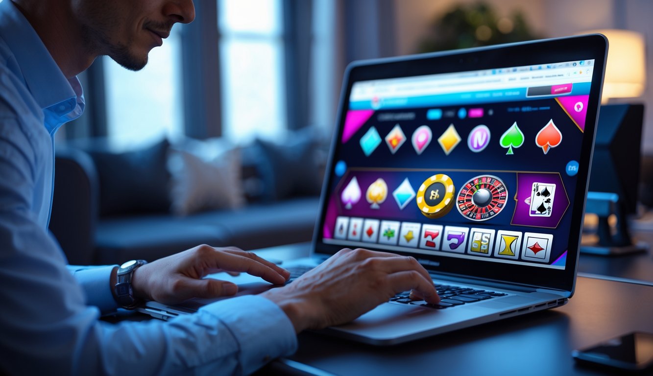 Seseorang sedang menggunakan komputer dengan tampilan situs kasino online di layar, duduk di meja dengan suasana ruangan yang nyaman.