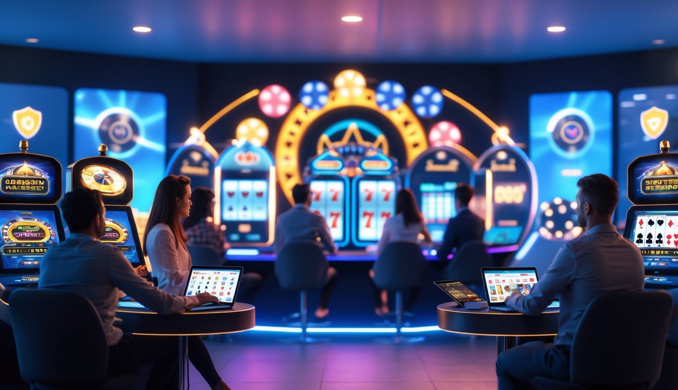 Beberapa orang menggunakan perangkat digital untuk bermain permainan kasino online dalam suasana modern dan profesional.