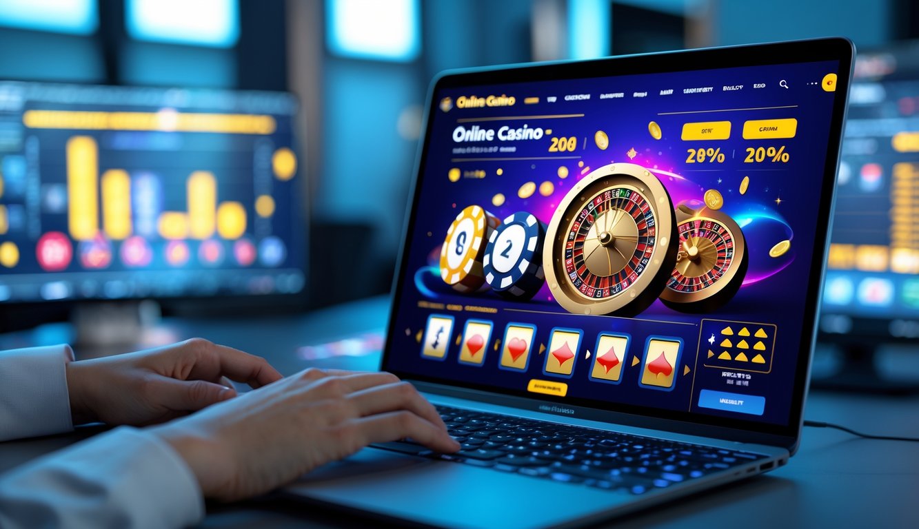 Seseorang menggunakan komputer dengan tampilan permainan kasino online yang berwarna-warni di layar, menunjukkan suasana kasino online yang terpercaya dan modern.