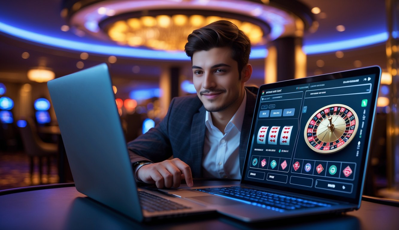 Seorang pria muda duduk di depan laptop di dalam kasino modern, terlihat fokus dan percaya diri saat bermain di situs casino online terpercaya.