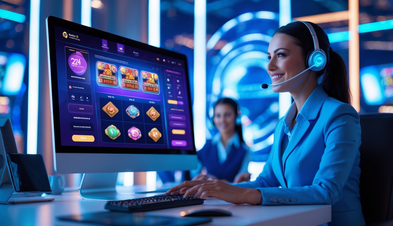 Seorang perwakilan layanan pelanggan dengan headset sedang membantu pengguna di depan layar komputer dan ponsel yang menampilkan permainan kasino online.