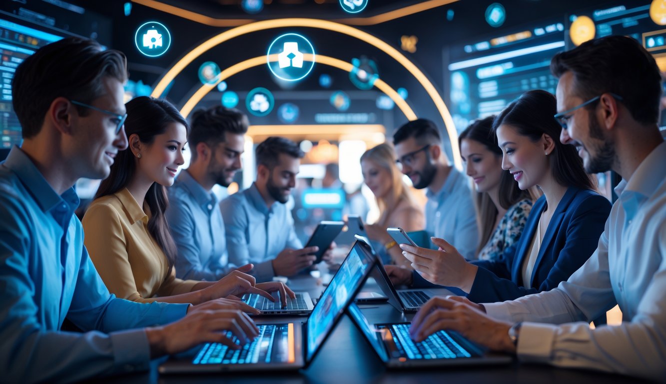 Orang-orang menggunakan perangkat digital di ruangan modern dengan elemen desain futuristik yang menunjukkan suasana kasino online terpercaya.