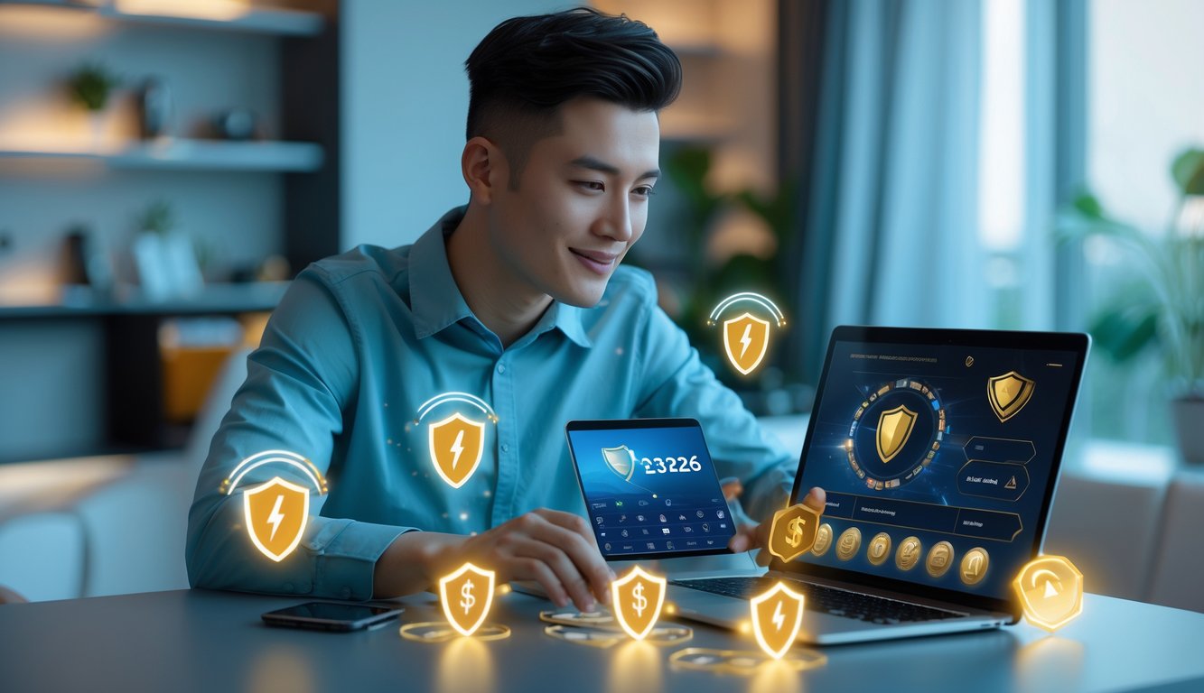 Seorang dewasa muda menggunakan laptop dan ponsel di ruang kerja modern dengan ikon keamanan dan kecepatan di layar.