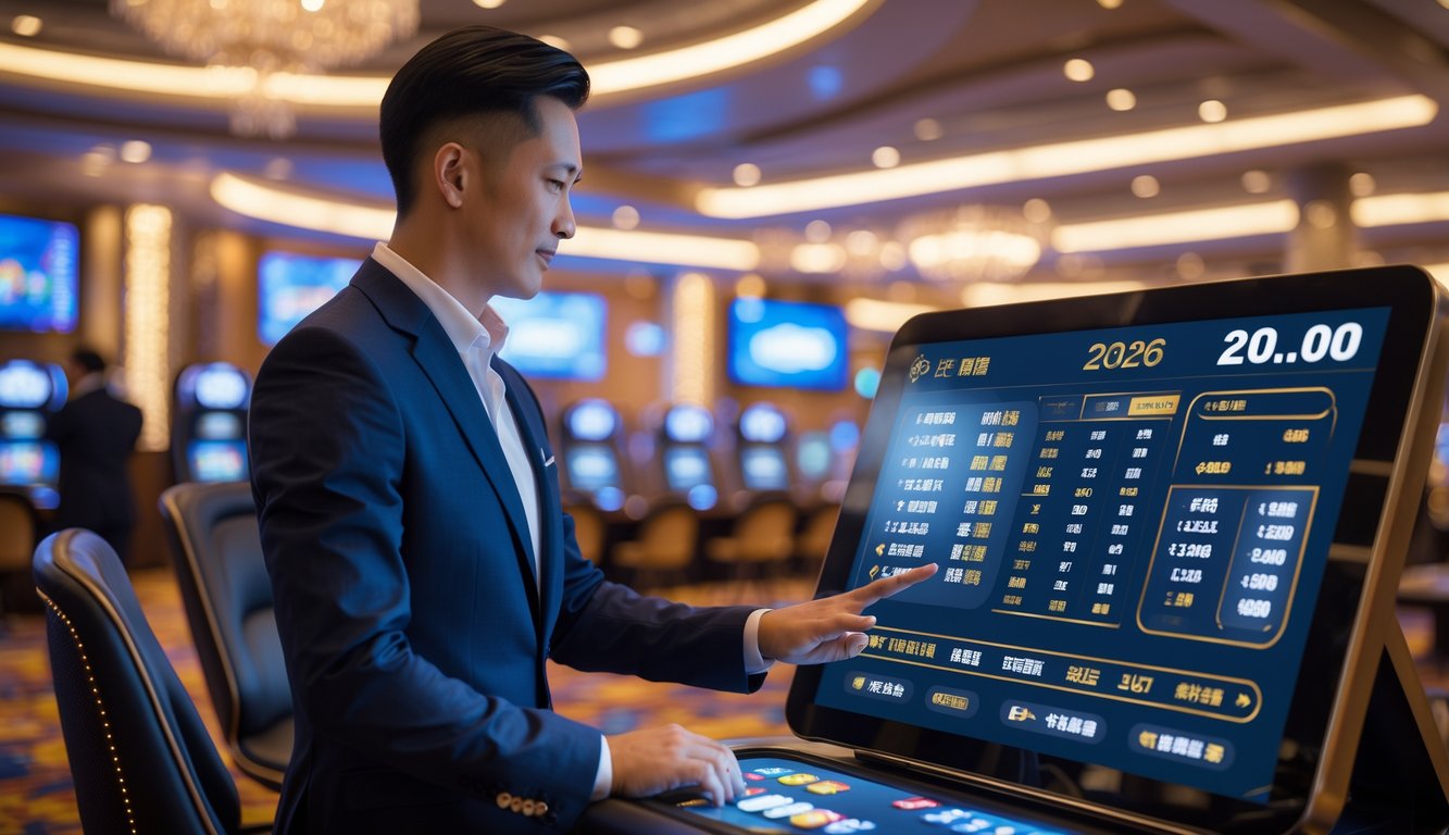 Seorang pria atau wanita berpakaian rapi menggunakan antarmuka taruhan digital di dalam kasino mewah dengan latar belakang pemandangan kota Macau yang terang.