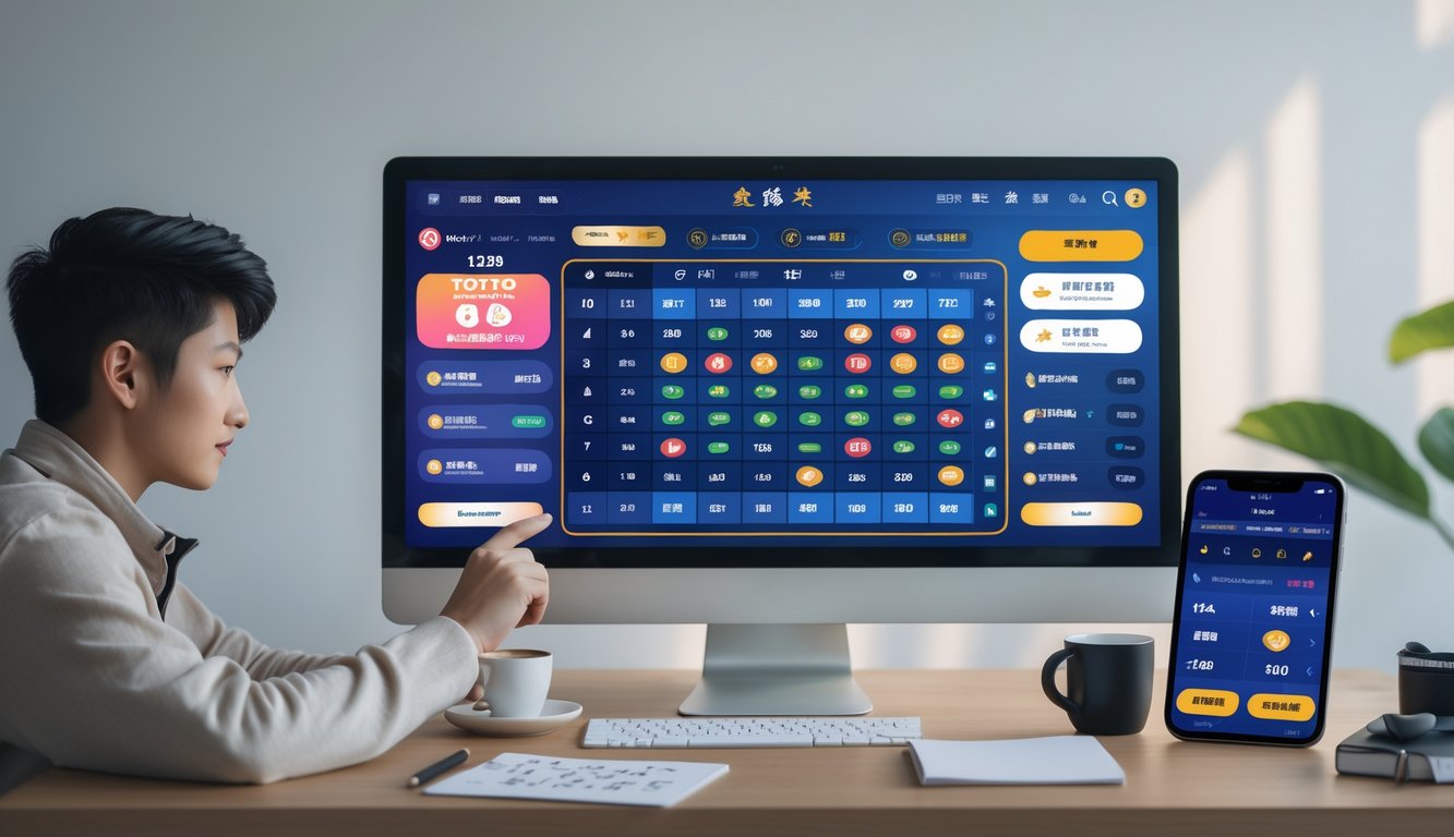 Seorang dewasa muda sedang menggunakan komputer dengan layar menampilkan antarmuka taruhan Toto Macau, di meja kerja yang rapi dengan ponsel dan cangkir kopi.