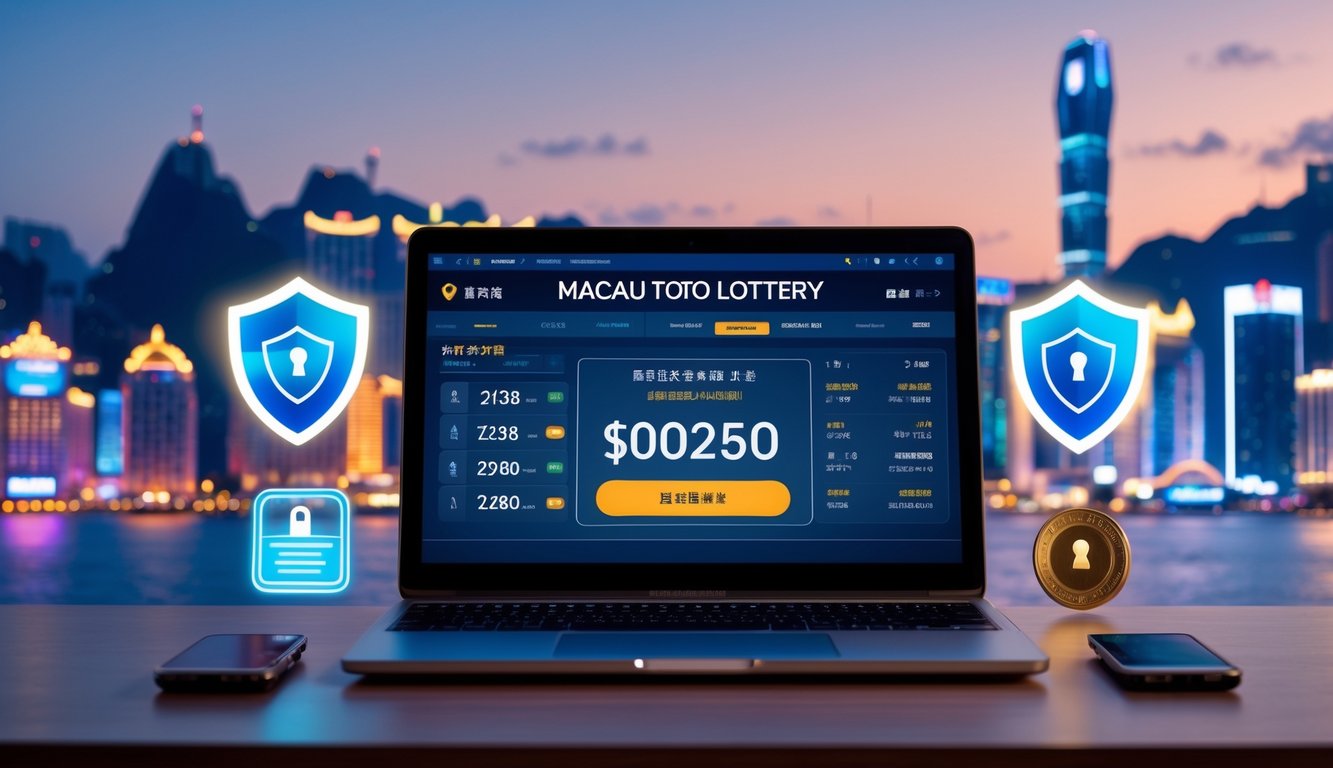 Seseorang menggunakan laptop dengan tampilan situs judi Toto Macau yang aman dan terpercaya, dengan latar belakang pemandangan kota Macau di malam hari.