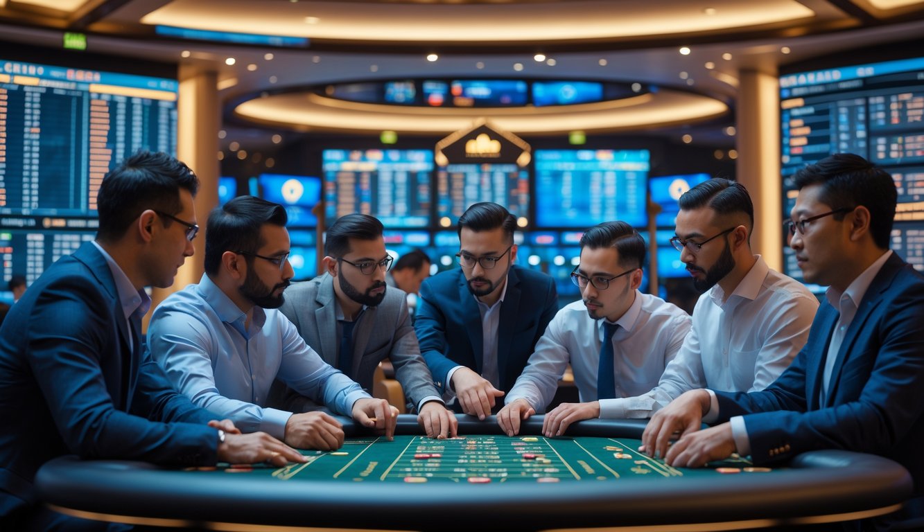 Sekelompok pria ahli sedang berdiskusi serius di meja permainan di dalam kasino mewah.