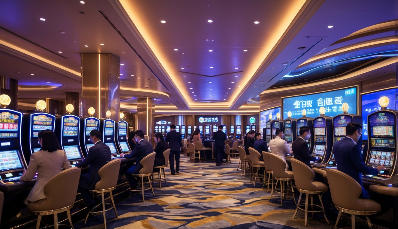 Orang-orang berpakaian rapi sedang bermain di kasino modern dengan suasana mewah dan pencahayaan elegan.