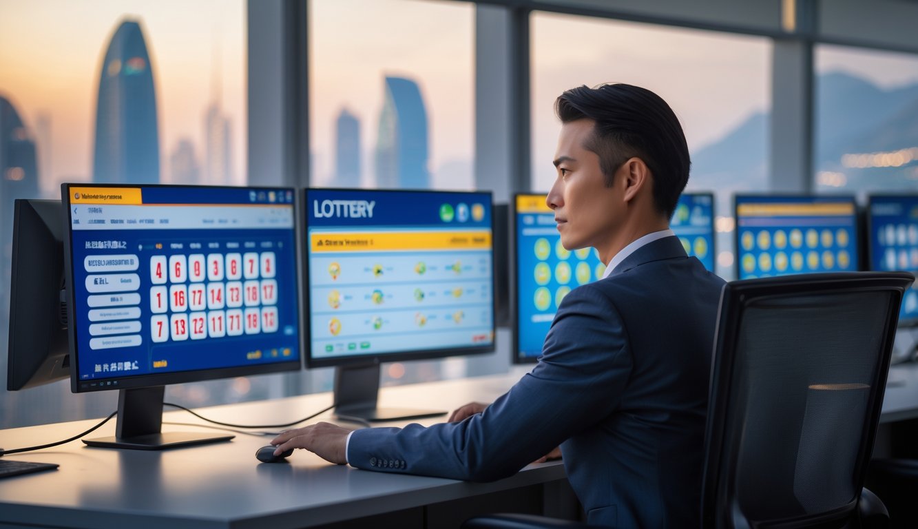 Seorang profesional duduk di depan beberapa layar komputer yang menampilkan angka lotere dan antarmuka situs web, dengan latar belakang samar pemandangan kota Macau.