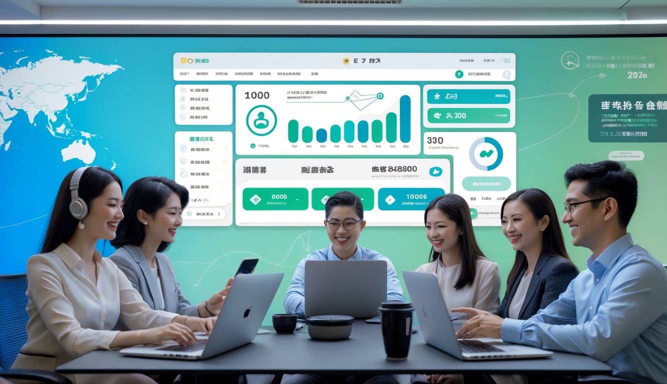 Sekelompok orang muda menggunakan komputer dan ponsel di kantor modern dengan layar besar menampilkan platform judi online yang aman dan terpercaya.