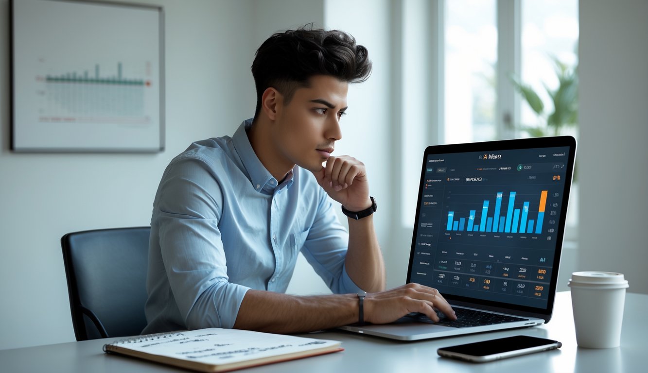 Seorang dewasa muda duduk di meja modern menggunakan laptop dengan tampilan data taruhan, tampak fokus dan berpikir di ruangan terang.