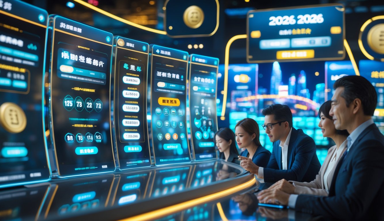 Orang-orang menggunakan perangkat digital dengan latar belakang kota Macau yang terang dan modern, menunjukkan suasana taruhan dan lotere online yang cepat dan terpercaya.