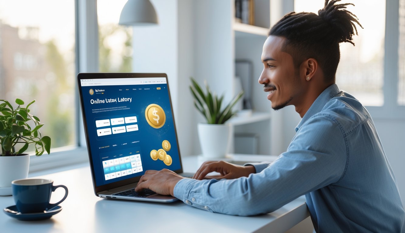 Seorang dewasa muda duduk di meja kerja modern menggunakan laptop dengan tampilan situs togel online di ruang kerja yang terang dan rapi.