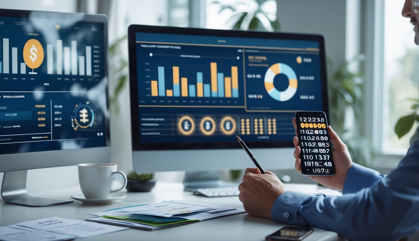 Seorang profesional sedang menganalisis data lotere online di meja kerja dengan komputer dan catatan di sekitarnya.