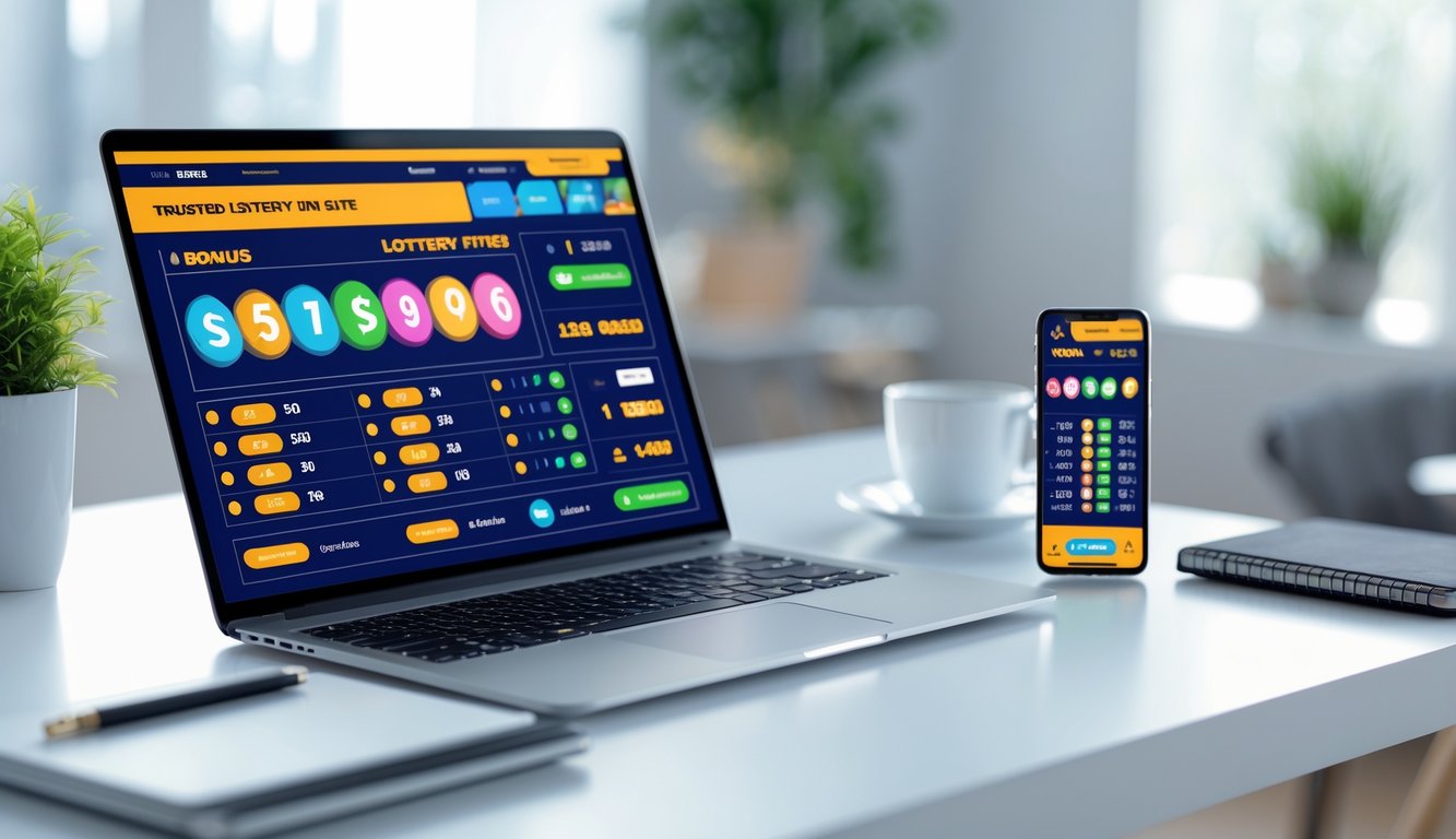 Seorang profesional menggunakan laptop dan ponsel untuk bermain togel online di meja kerja yang rapi dengan suasana nyaman.