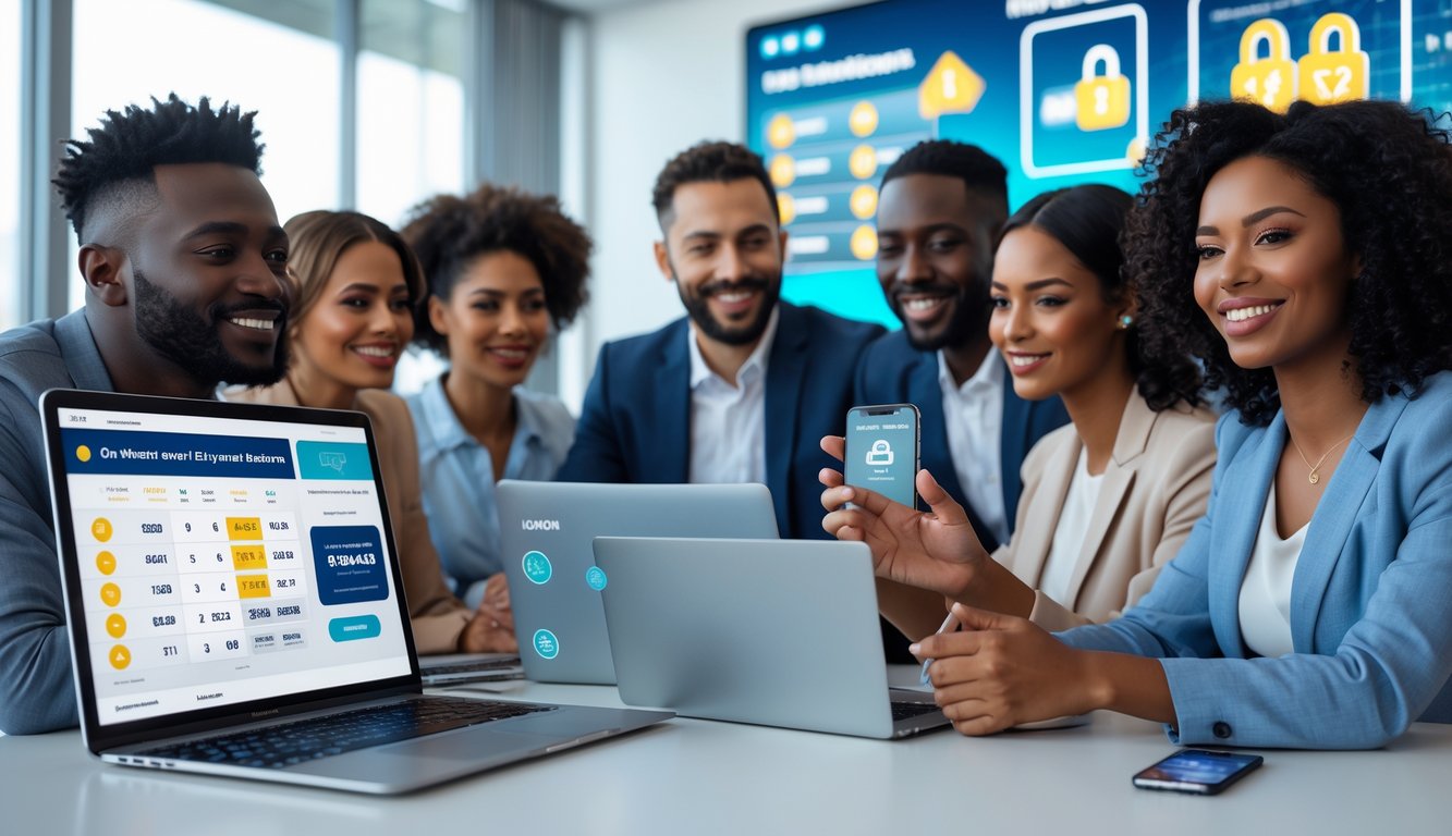 Sekelompok orang di kantor modern sedang menggunakan perangkat digital untuk bermain togel online dengan suasana aman dan percaya.