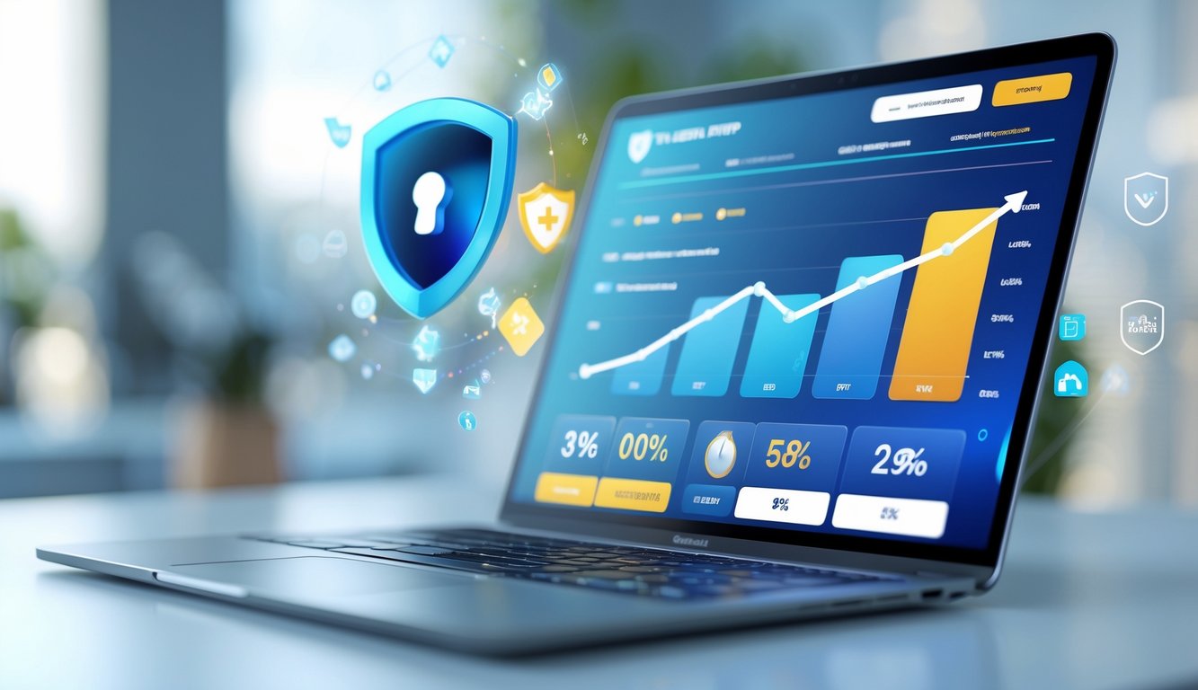 Seseorang menggunakan laptop dengan tampilan situs togel online terpercaya, dikelilingi ikon keamanan dan grafik RTP tinggi, di ruang kerja modern.