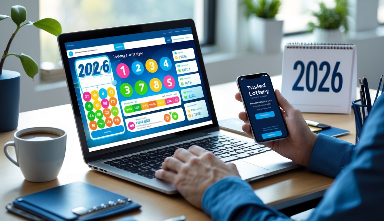 Seorang pria menggunakan laptop dan ponsel di meja kerja yang rapi dengan kalender tahun 2026 dan alat tulis, fokus pada permainan togel online.