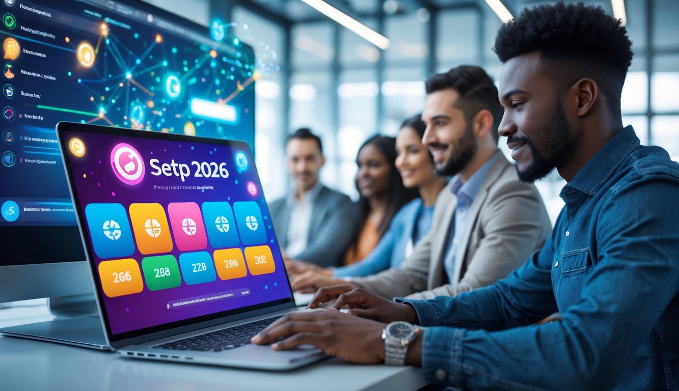 Orang-orang menggunakan komputer dengan antarmuka togel online di ruang kerja modern yang terang dan rapi, menampilkan suasana layanan online 24 jam yang dapat dipercaya.