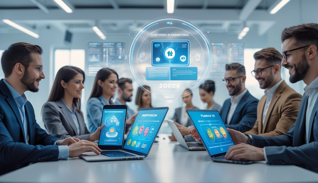 Sekelompok orang menggunakan perangkat digital di kantor modern dengan tampilan grafik lotere dan elemen teknologi futuristik.