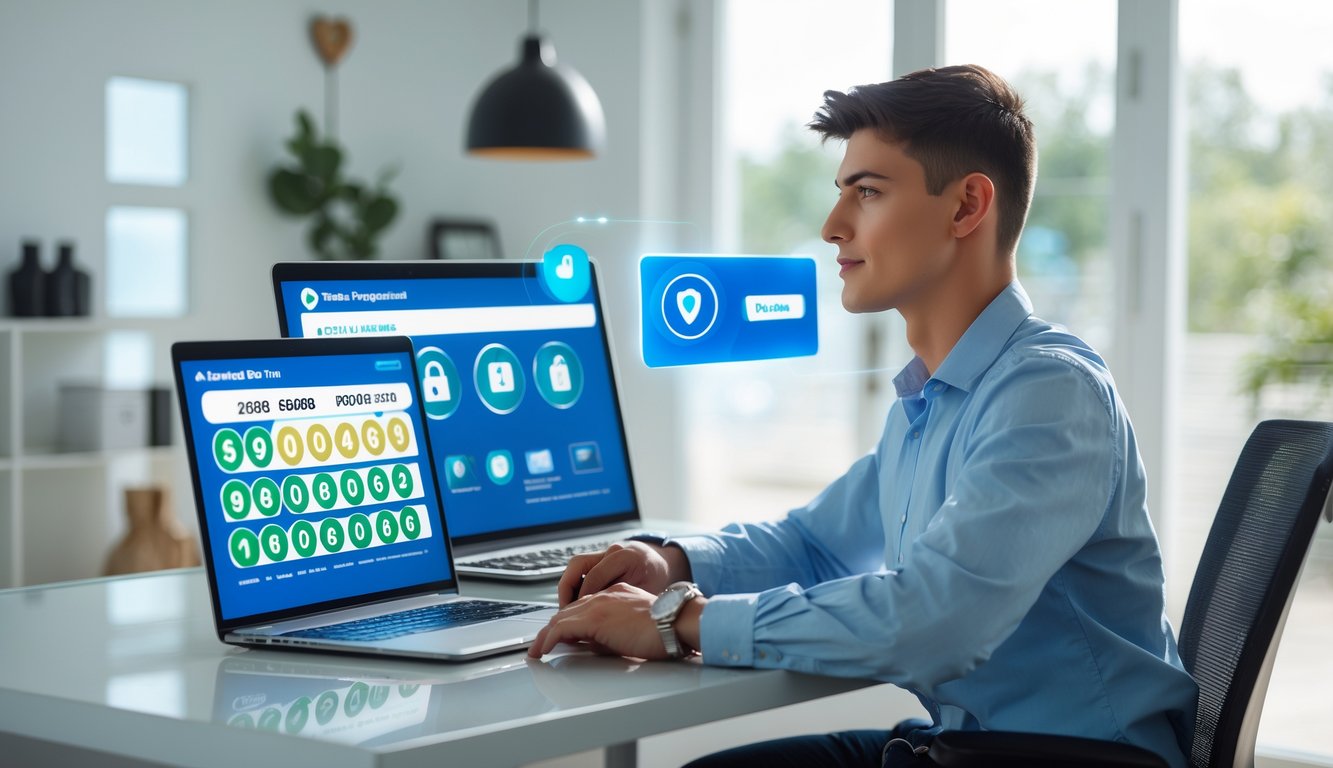 Seorang dewasa muda duduk di meja kerja modern dengan laptop dan ponsel menampilkan angka togel dan ikon keamanan.