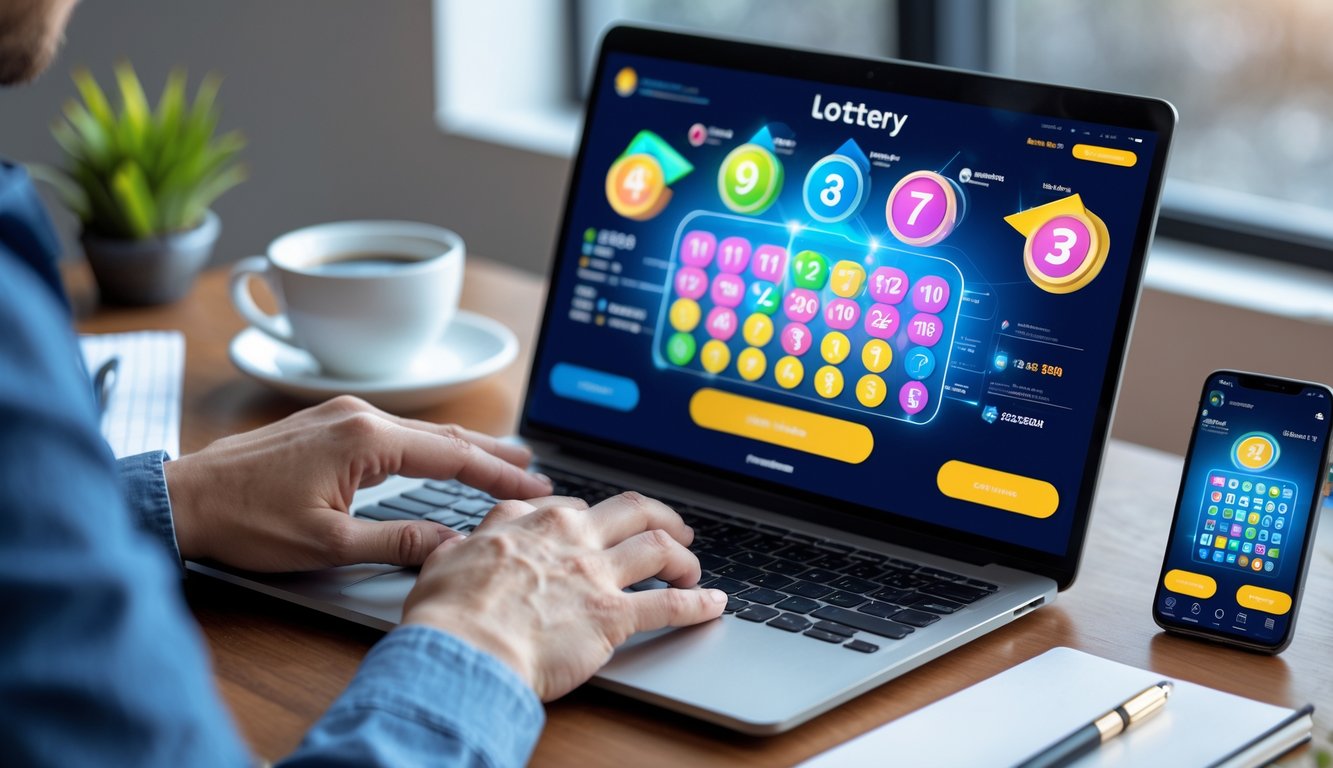 Sebuah meja kerja modern dengan laptop dan ponsel yang menampilkan aplikasi togel online, tangan seseorang sedang menggunakan laptop, dengan suasana yang terang dan rapi.