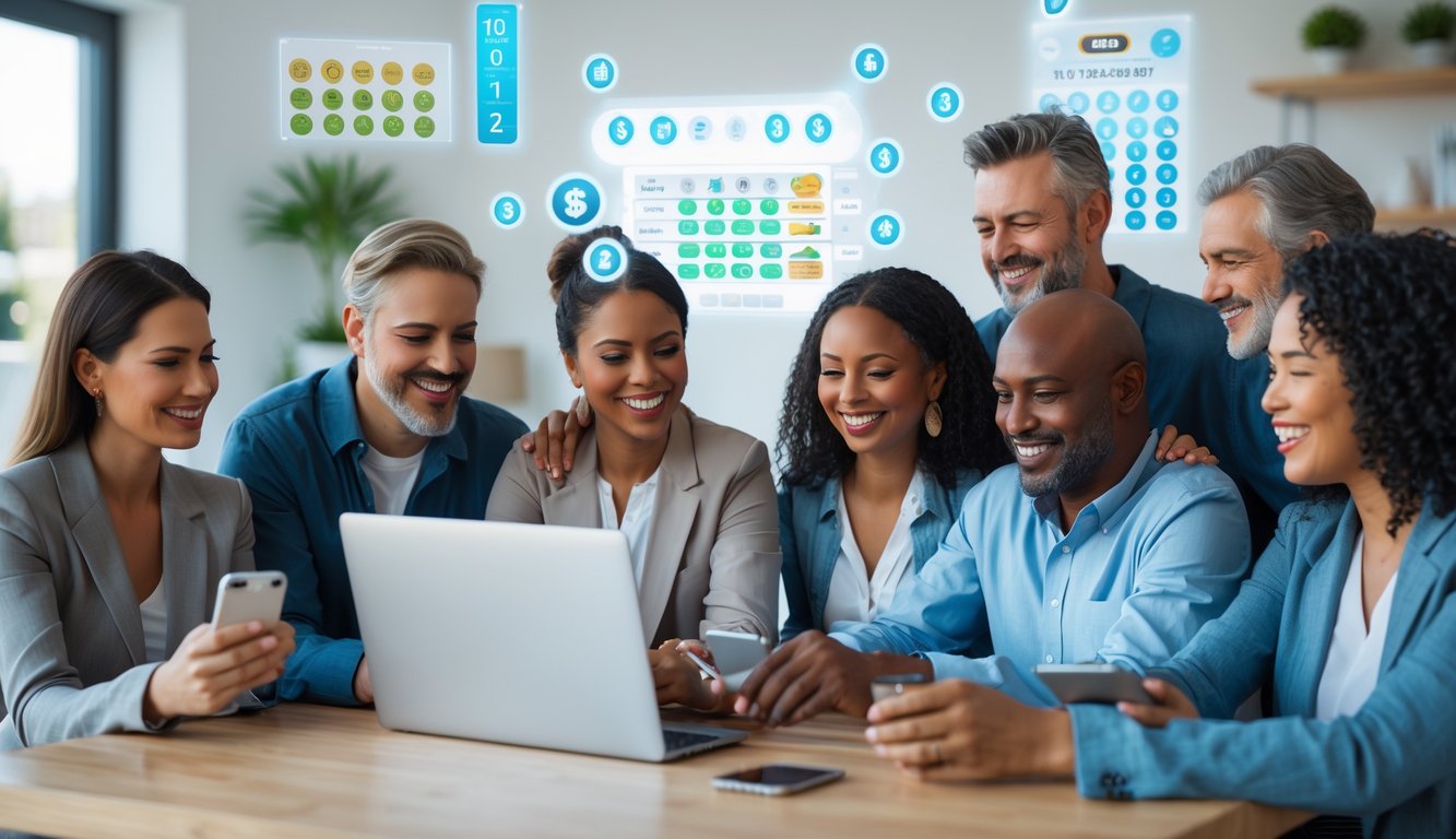 Sekelompok orang dewasa yang bahagia menggunakan laptop dan ponsel untuk bermain judi togel online di ruang yang terang dan modern.