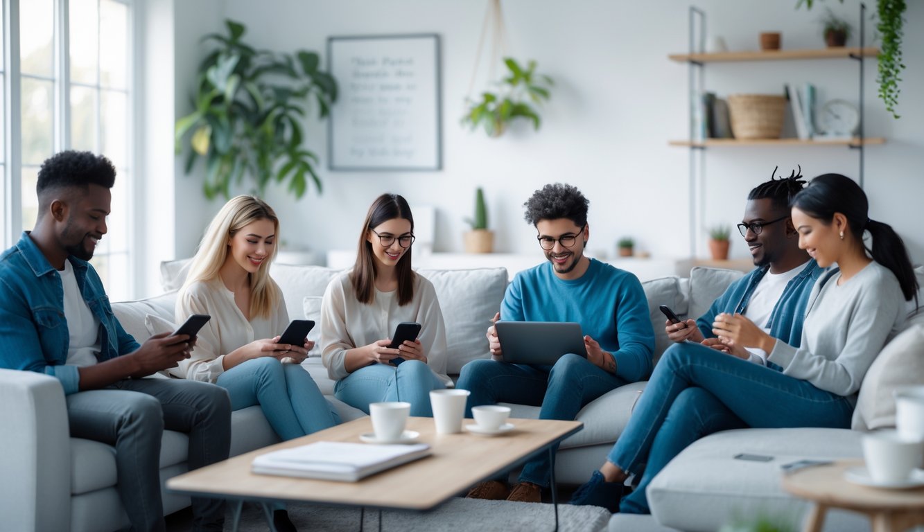 Beberapa orang muda sedang menggunakan perangkat elektronik di ruang tamu modern yang terang dan nyaman.