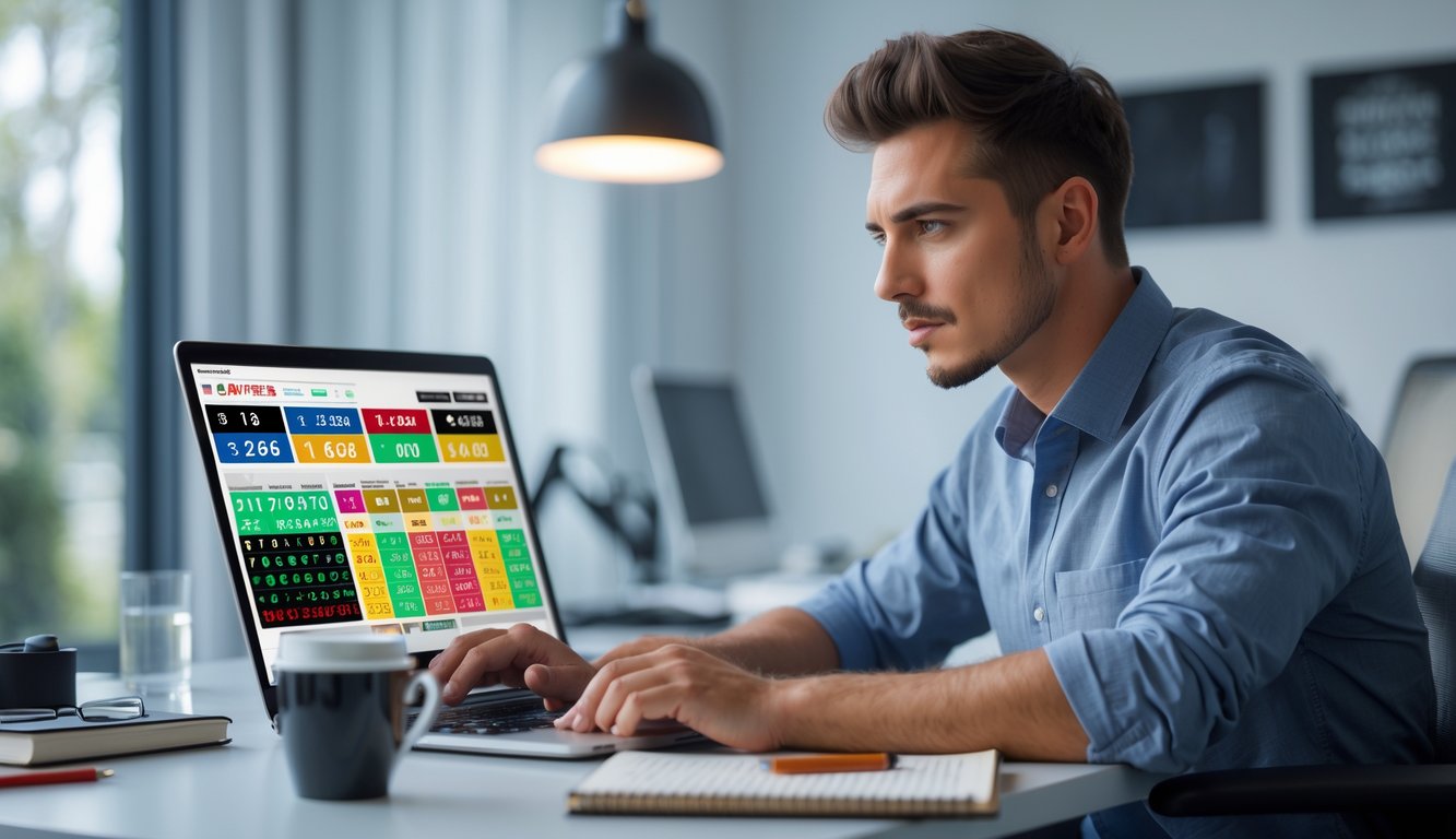 Seorang pria muda duduk di meja kerja dengan laptop, fokus melihat layar yang menampilkan angka togel dan grafik, di ruang kerja yang rapi dan terang.