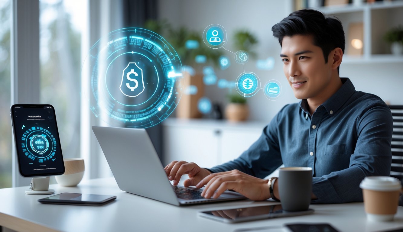 Seorang dewasa muda menggunakan laptop di ruang kerja modern dengan elemen digital yang menunjukkan transaksi cepat dan aman untuk judi togel online.