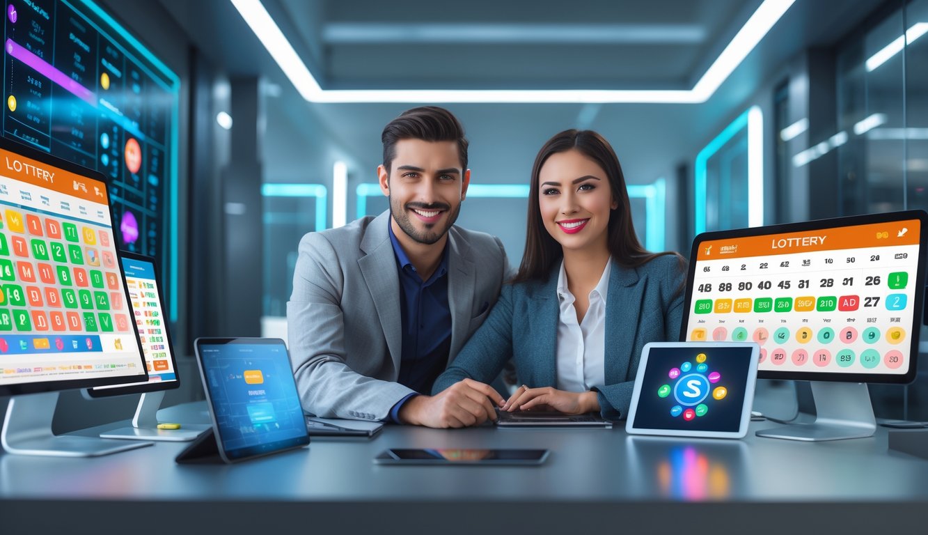 Dua orang muda sedang menggunakan perangkat digital di meja modern dengan tampilan angka lotere di layar, di dalam kantor futuristik yang terang dan rapi.