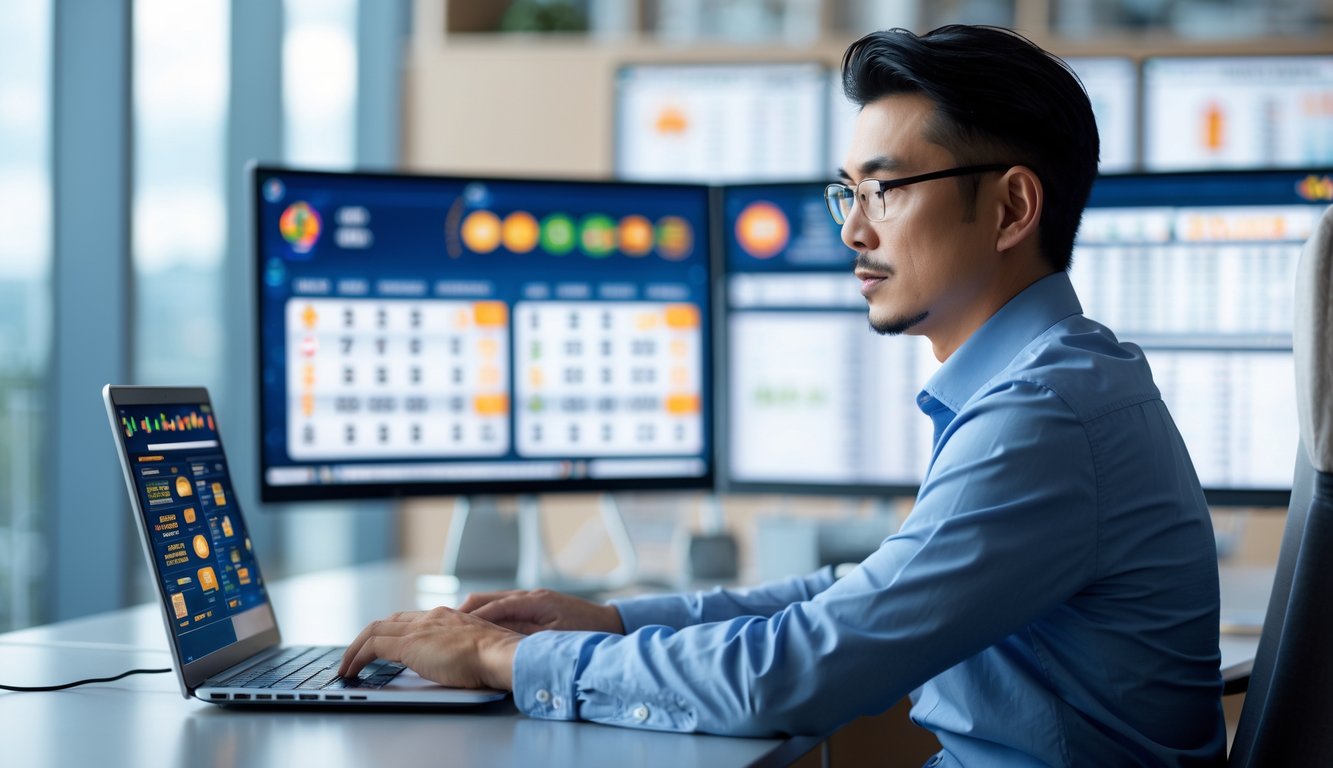 Seorang pria Asia duduk di meja kantor modern menggunakan laptop dengan beberapa layar menampilkan data dan grafik terkait lotere online.