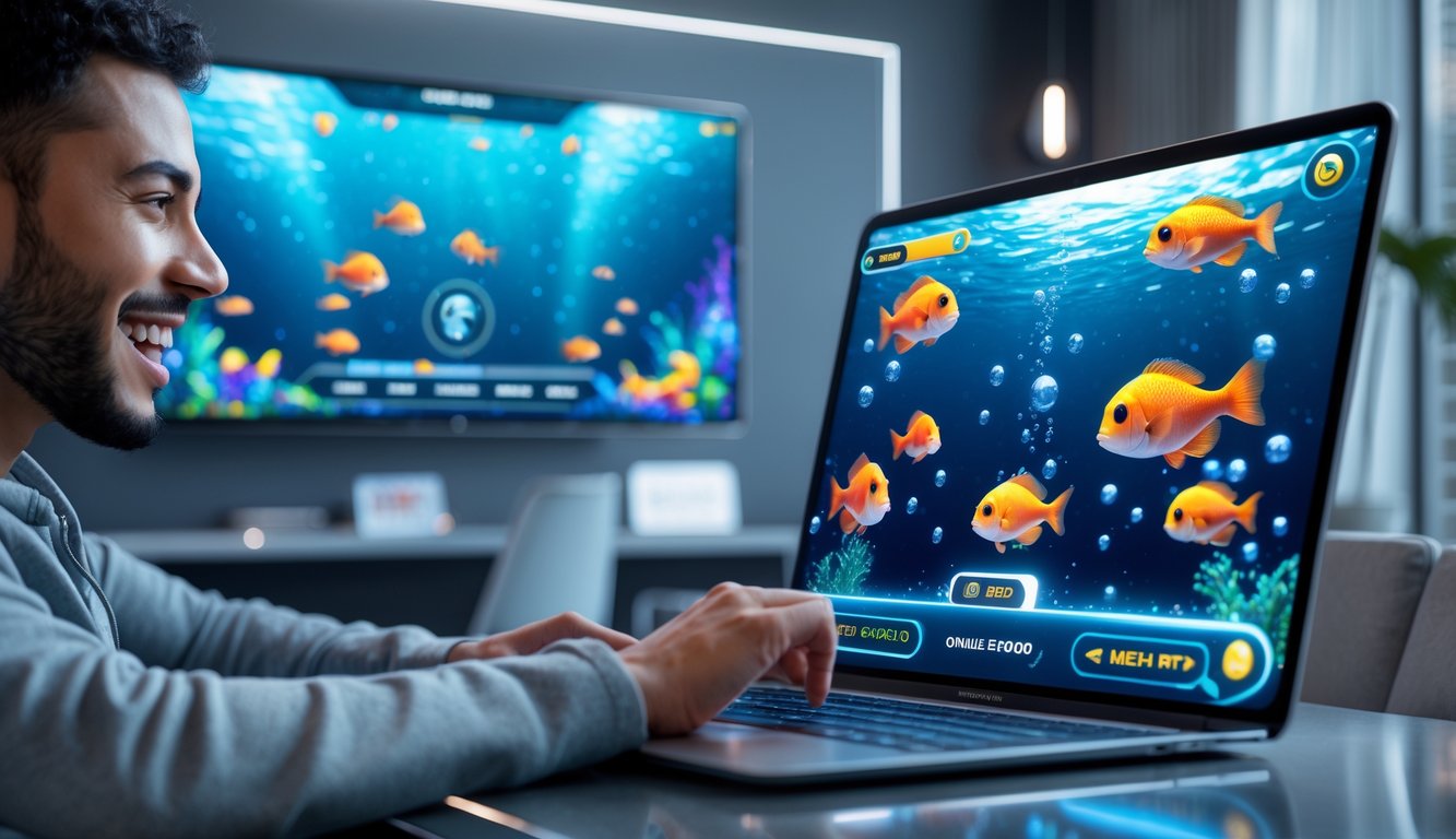 Seseorang sedang bermain permainan tembak ikan online di perangkat digital dengan latar belakang ruangan modern.